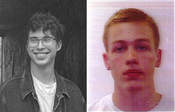 De 21-jarige Erwan Ferrieux (l) en zijn één jaar jongere Britse reisgenoot Hugo Palmer op een opsporingsbericht van de politie.