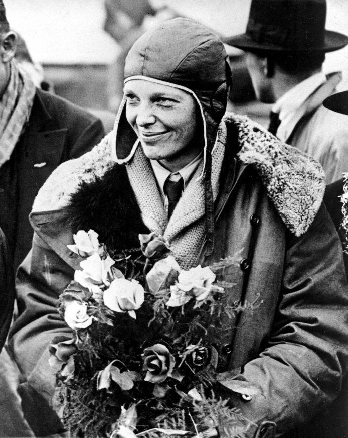 Amelia Earhart op 26 juni 1928 in Southampton, Engeland. Ze had net als eerste vrouw de Atlantische Oceaan overgestoken als passagier in een vliegtuig.