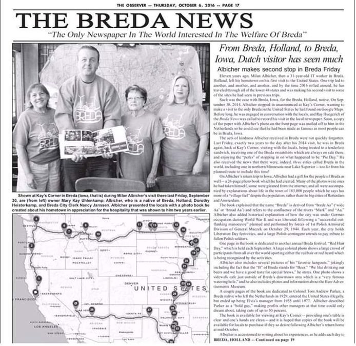 Milan Albecher made headlines in Iowa again in 2016. Here he shows the photo album he brought from Breda, Netherlands, to the people of Breda, Iowa.  Bottom left is the route he took during his vacation in 2016.