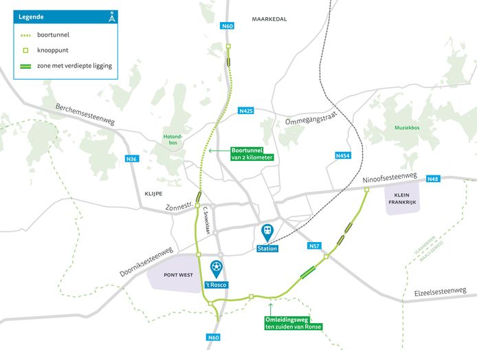 Het gekozen tracé in kaart gebracht, van boven de Kruisberg naar de Zonnestraat en verder naar Wallonië en de industriezone Klein Frankrijk.