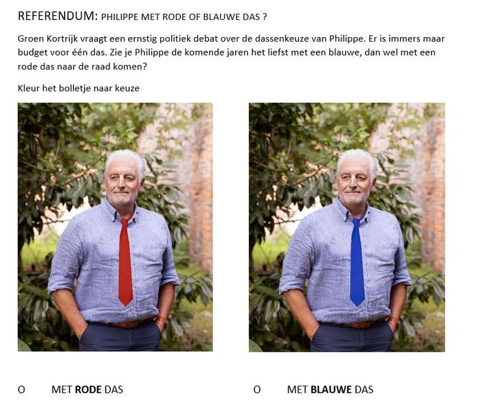 Groen hield er de gek mee op de gemeenteraad. Door als grap een nog lichter thema voor te stellen voor een volgend digitaal referendum: is Groen-gemeenteraadslid Philippe Avijn mooier met rode of blauwe das?