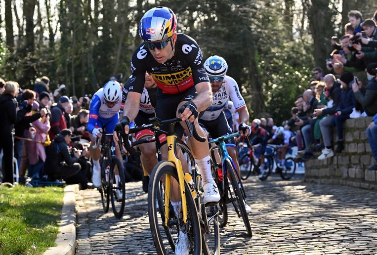 Belgisch kampioen Wout van Aert en Europees kampioen Sonny Colbrelli komen boven op de Kapelmuur in Geraardsbergen tijdens de Omloop, eind februari. Beide renners kregen met corona te maken. Beeld BELGA