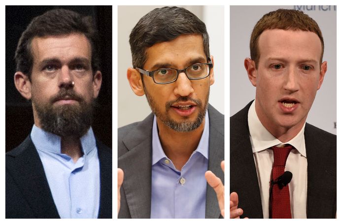 CEO's Jack Dorsey (Twitter), Sundar Pichai (Google) en Mark Zuckerberg (Facebook) leggen woensdag een verklaring af in de Senaat. Die buigt zich over een wet die de bedrijven bescherming biedt.