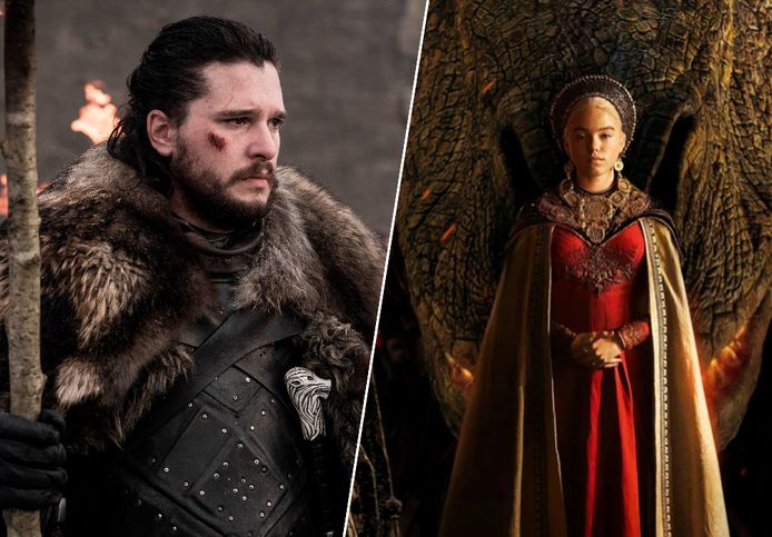 Kit Harington als Jon Snow in 'Game of Thrones' (links) en Milly Alcock als prinses Rhaenyra in 'House of the Dragon'.
