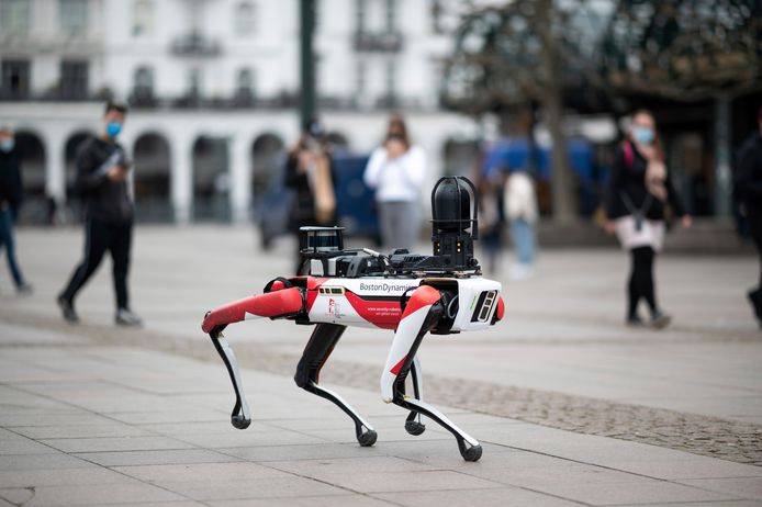 Een robothond van Boston Dynamics tijdens een demo in het Duitse Hamburg.