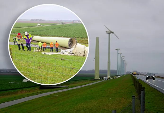 Het bovenste deel van een van de windmolens langs de Eemmeerdijk bij Zeewolde brak af.