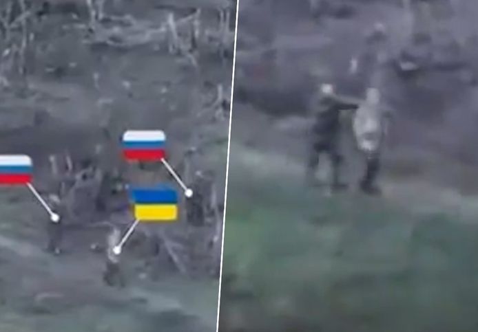 Links: Twee Russische soldaten sturen een Oekraïense oorlogsgevangene voorop. Rechts: Een Russische soldaat stuurt zijn menselijk schild doorheen de frontlinie.