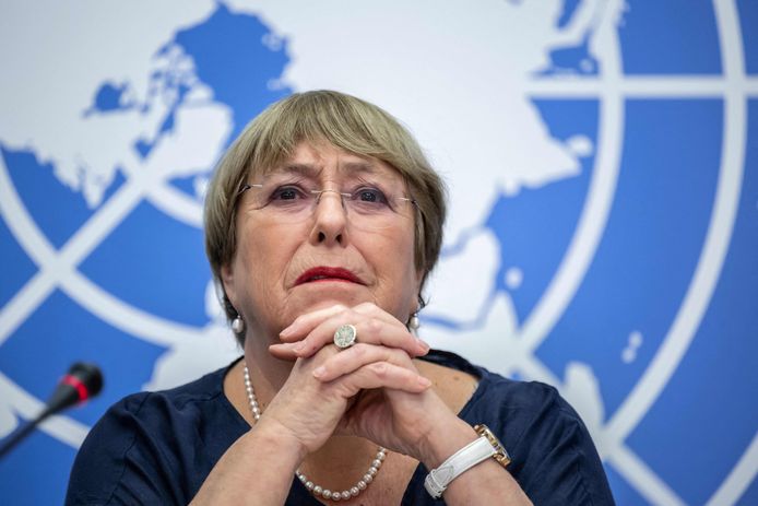 VN-mensenrechtenchef Michelle Bachelet tijdens haar laatste persconferentie in die functie.