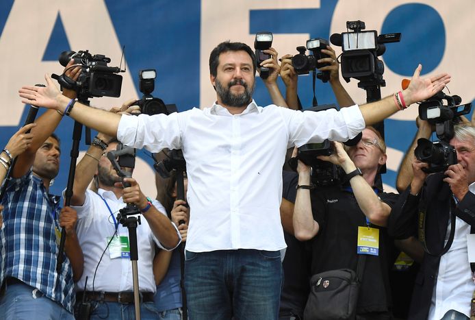 Matteo Salvini tijdens de bijeenkomst vandaag.