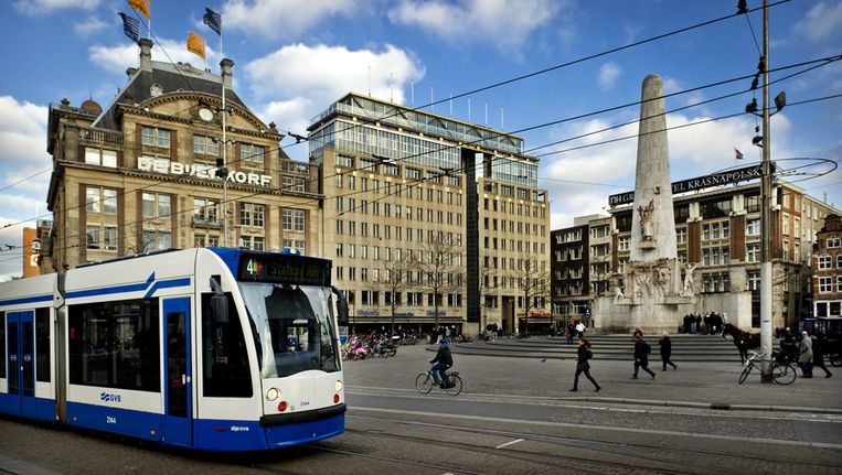 Een tram op de Dam, gefotografeerd in januari vorg jaar. Beeld ANP