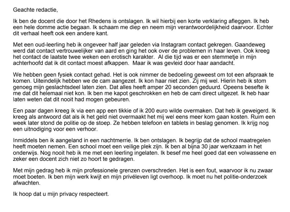 Ontslagen leraar die geslachtsdeel toonde 'Had me nooit zover moeten