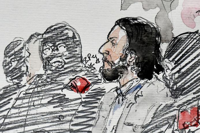 Een tekening van Salah Abdeslam in de rechtszaal in Brussel.
