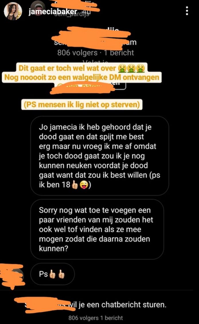 'Ex on the Beach: Double Dutch'-ster Jamecia kreeg dit opmerkelijke bericht in haar inbox.