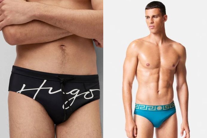 Links: Speedo van het merk Hugo Boss voor 44,95 euro. Rechts: Speedo van Versace voor 160 euro.