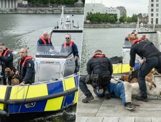 KIJK. Patrouillehond springt vanaf boot op kade om crimineel met mes te vatten: politie houdt indrukwekkende oefening