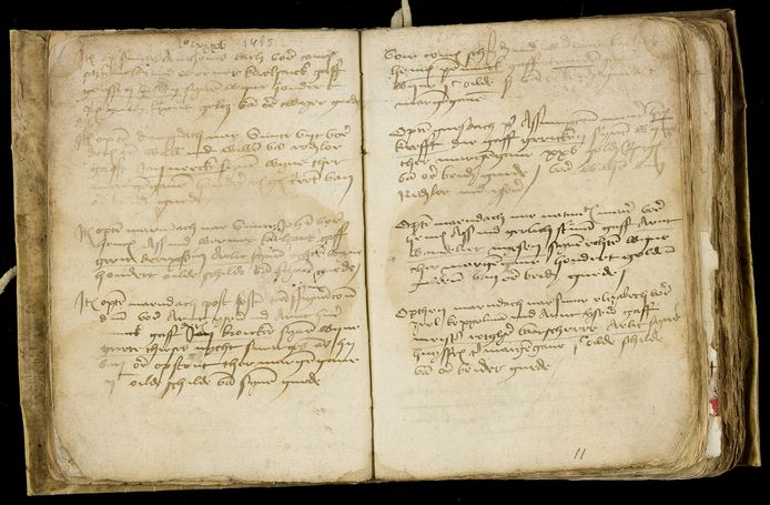 Pagina uit het morgengaveboek, jaar 1485. Het boek was een soort huwelijksgift, van de man aan de vrouw de ochtend na de huwelijksnacht.