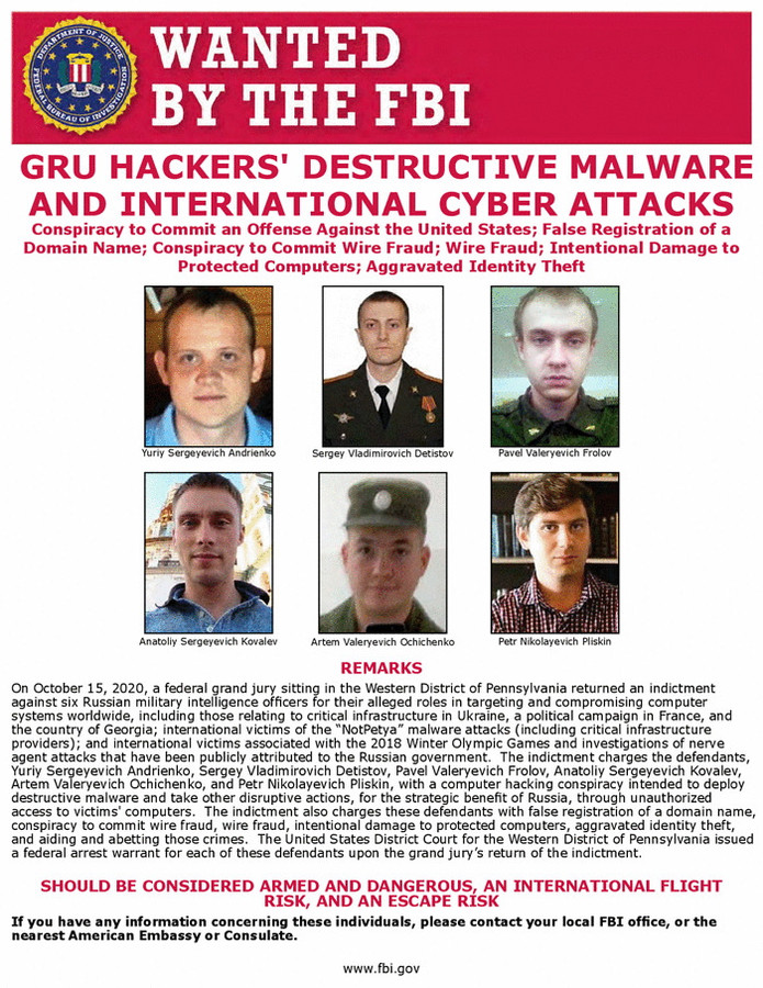 De FBI zoekt zes Russiche hackers in verband met de cyberaanval.