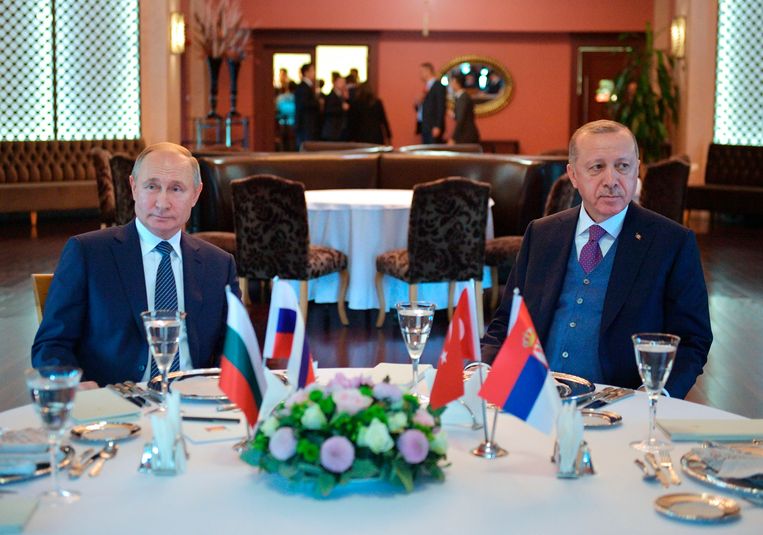 De Russische president Poetin en zijn Turkse collega Erdogan in januari dit jaar. Beeld AP