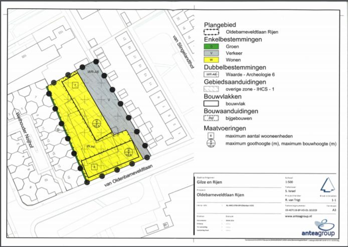 In het geel de twee bouwblokken van 6 en 7 grondgebonden woningen. Links de huizen van de Wethouder Noijhof.