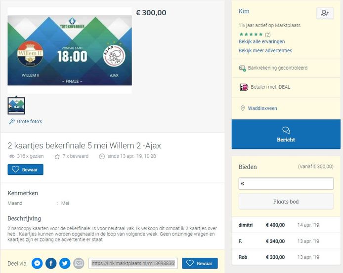 Kaarten voor zo als uitverkocht, eerste 'aanbiedingen' op Marktplaats: 300 euro | Willem II bd.nl
