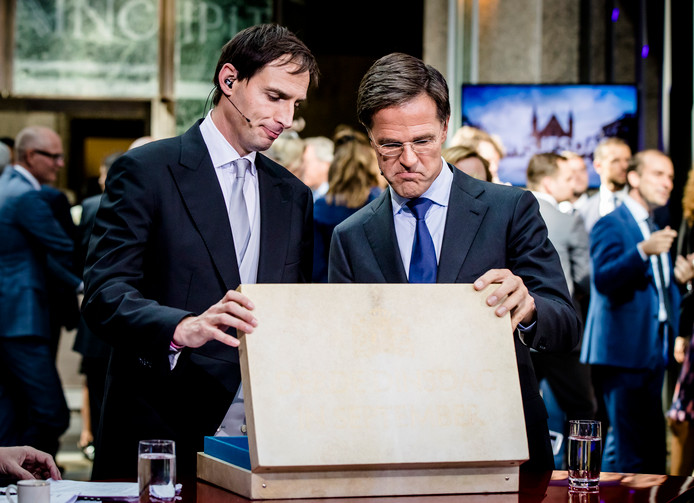 Minister Wopke Hoekstra van Financiën en premier Mark Rutte na het aanbieden van het koffertje met de rijksbegroting en miljoenennota.