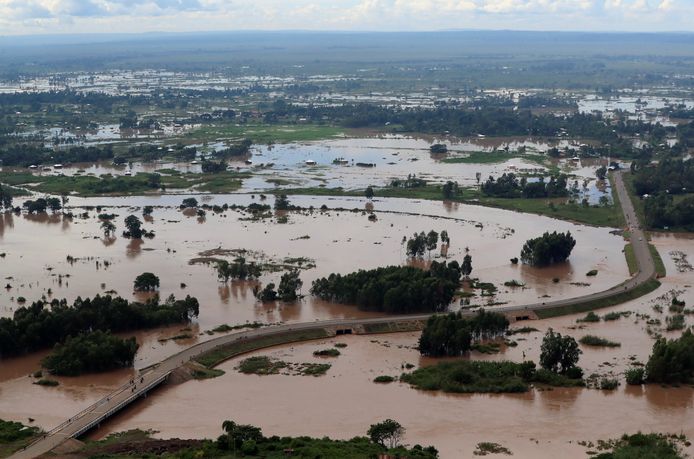 Een luchtfoto toont het rampgebied in Budalangi in Kenia.