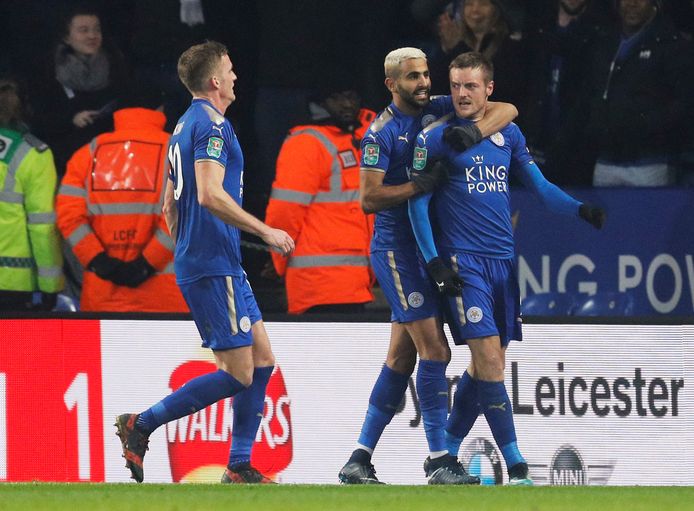 Soccer Football - Carabao Cup Quarter Final - Leicester City vs Manchester City - King Power Stadium, Leicester, Britain - December 19, 2017   Leicester City's Jamie Vardy celebrates scoring their first goal with Riyad Mahrez and Andy King   REUTERS/Darren Staples    EDITORIAL USE ONLY. No use with unauthorized audio, video, data, fixture lists, club/league logos or "live" services. Online in-match use limited to 75 images, no video emulation. No use in betting, games or single club/league/player publications.  Please contact your account representative for further details.