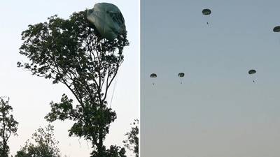 Airborne-sprong mislukt volledig in Gelderland: negen parachutisten in
grote problemen, drie gewonden