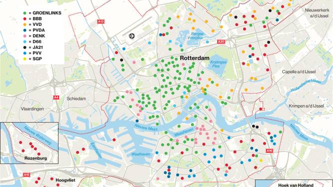 GroenLinks is de grootste in het centrum van Rotterdam, BBB populair in de buitenwijken