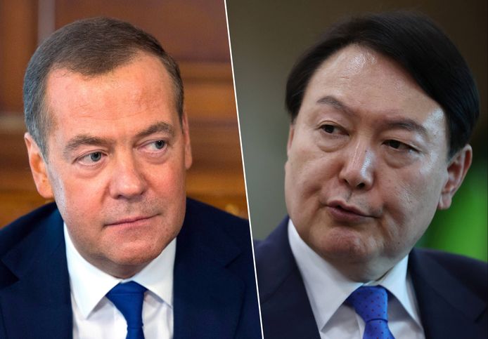 De Russische oud-president Dmitry Medvedev en de Zuid-Koreaanse president Yoon Suk-yeol.