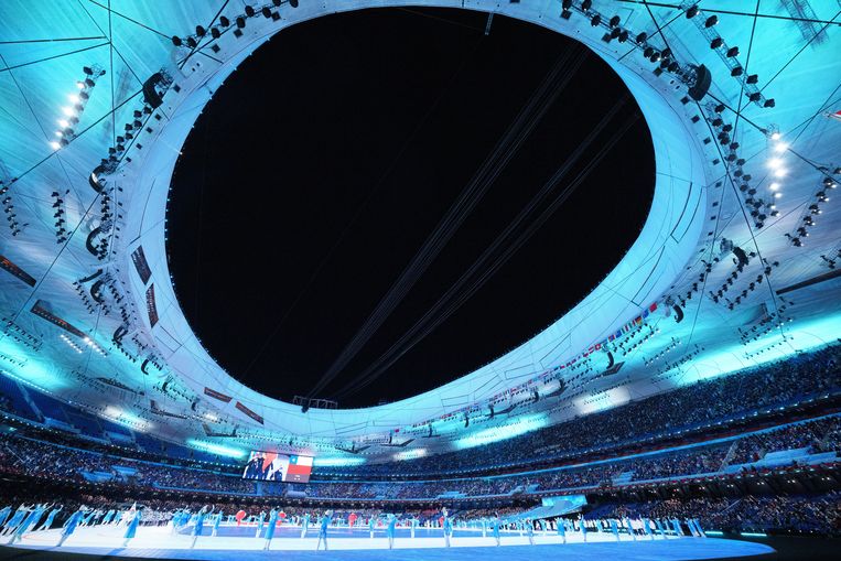 De openingsceremonie van de Paralympische Winterspelen in het Vogelnest-stadion in Peking. Het sporttoernooi, zonder Russen en Wit-Russen, duurt tot volgende week zondag. Beeld EPA