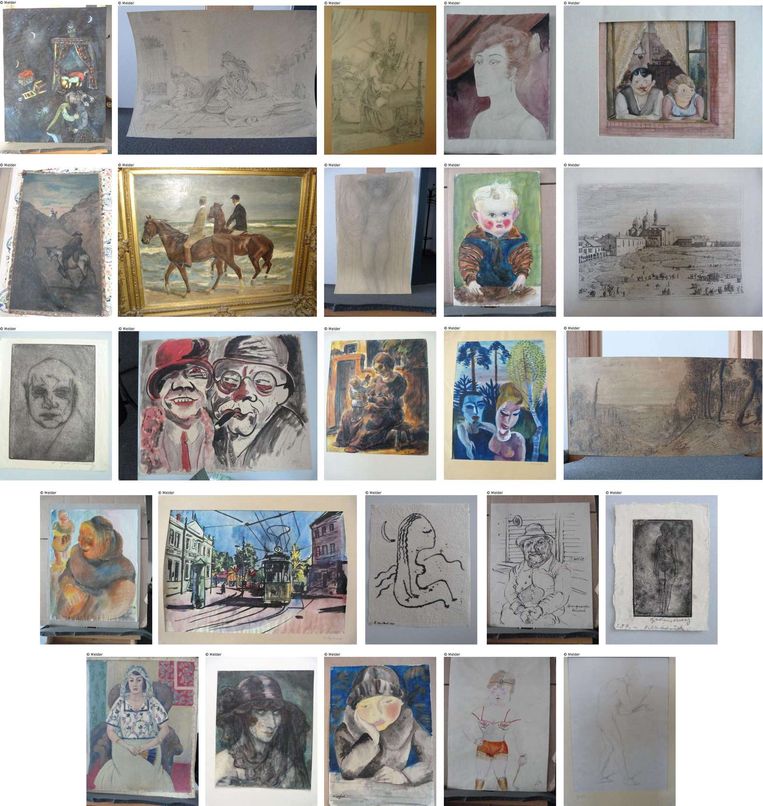 Een aantal werken uit de collectie van Cornelius Gurlitt. Deze selectie bestaat uit onder meer werken van Marc Chagall, Auguste Rodin en Max Liebermann. Beeld AFP