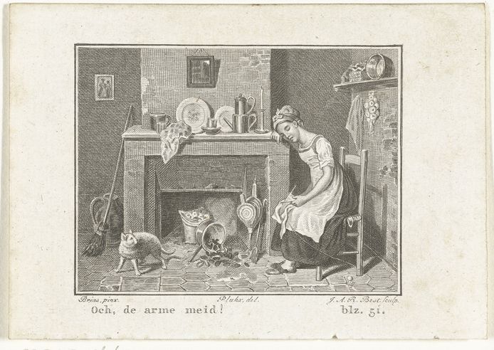 Illustratie: Dienstmeid zit slapend op stoel bij haard. Johannes Alexander Rudolf Best naar een schilderij van Charles Brias (1807 of 1827).