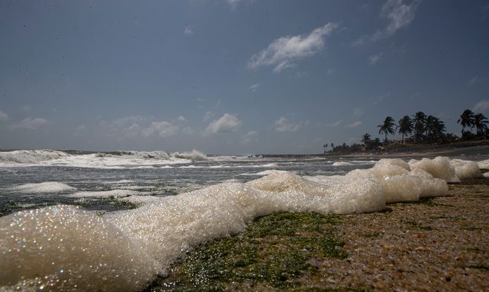 Schiuma chimica sulla spiaggia da prodotti chimici.