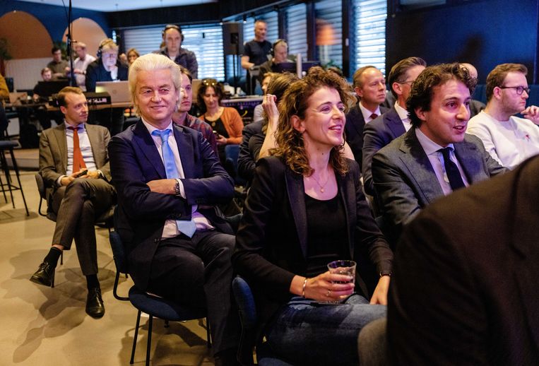 Geert Wilders (PVV), Sophie Hermans (VVD) en Jesse Klaver (Groenlinks) voorafgaand aan het NOS radiodebat  op 3 maart in het kader van de Provinciale Statenverkiezingen op 15 maart.  Beeld Ramon van Flymen / ANP