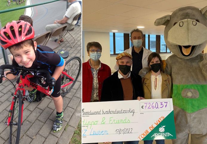 Ouders Baud en Veerle (r.) overhandigen de opbrengst van Tour de Wats, een initiatief om de herinnering aan hun zoontje Wats (l.) levendig te houden.