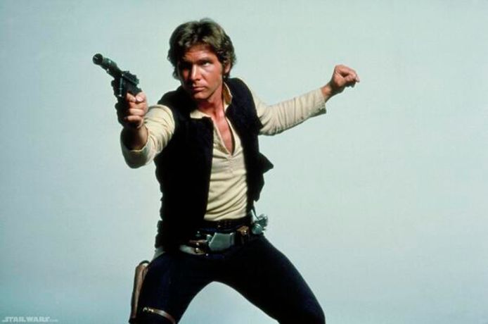 Han Solo gebruikt het laserpistool in "Return of the Jedi".