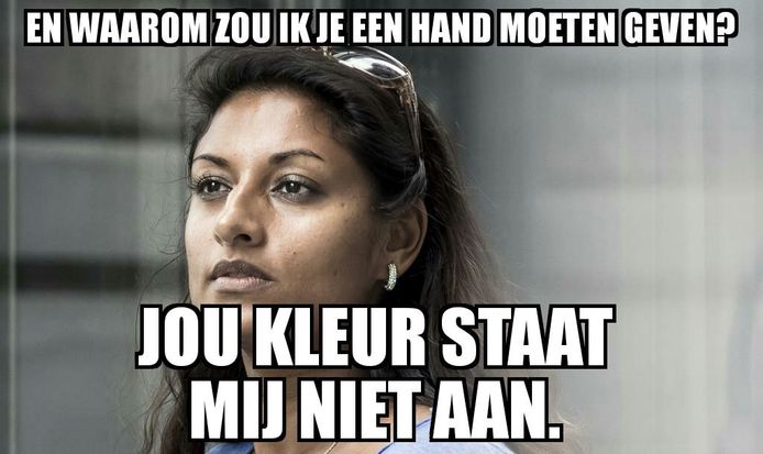 Het racistisch geïnspireerde pamflet met een foto van commissaris Jinnih Beels. De tekst luidt: 'Waarom zou ik je een hand moeten geven? Jou (sic) kleur staat mij niet aan'.