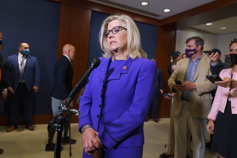 Liz Cheney staat de pers te woord nadat ze haar post als voorzitter van de Republikeinse fractie in het Huis van Afgevaardigden kwijtraakte.  Beeld AP