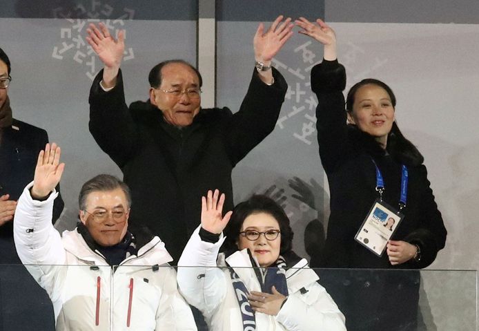Een zwaaiende Kim Yo Jong, de zus van de Noord-Koreaanse leider Kim Jung-Un en de Noord-Koreaanse parlementsvoorzitter Kim Yong Nam, zwaaiend met 2 handen naar het publiek. In witte jas de president van Zuid-Korea Moon Jae-In samen met zijn vrouw.