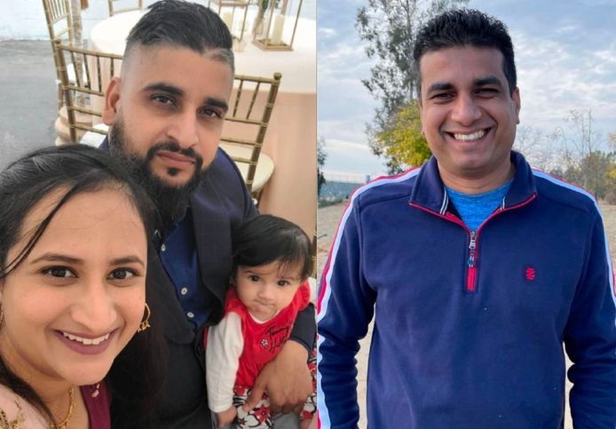 De vier slachtoffers: de acht maand oude Aroohi Dheri en haar ouders Jasleen Kaur (27) en Jasdeep Singh (36) (links), en de 39-jarige nonkel van het kind, Amandeep Singh (rechts).