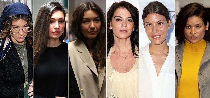 De zes vrouwen die getuigden op het proces van Weinstein: (v.l.n.r.) Lauren Young, Jessica Mann, Miriam Haley, Annabella Sciorra, Dawn Dunning en Tarale Wulff.