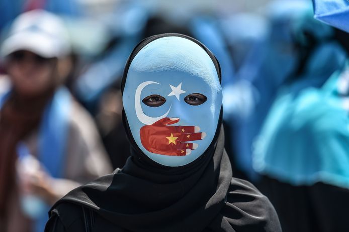 Drapeau du Turkestan oriental: un territoire revendiqué par les Ouïghours, minorité musulmane de Chine majoritairement installée dans la province du Xinjiang.