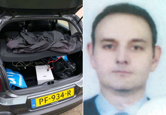 Spionageapparatuur die op 13 april 2018 in de auto van Jevgeni Serebrjakov (rechts in beeld) in Den Haag werd ontdekt