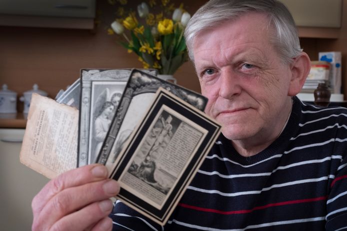 George Bendelow uit Molenhoek verzamelt bidprentjes. Een kleine greep uit de half miljoen plaatjes die George heeft.