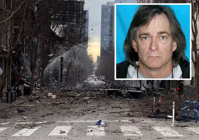 De aanzienlijke schade na de autobom in Nashville. Inzet: Anthony Quinn Warner (63).