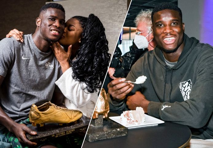 Paul Onuachu tijdens zijn eerste dag als Gouden Schoen: felicitaties van zijn partner Tracy en taart op de club.