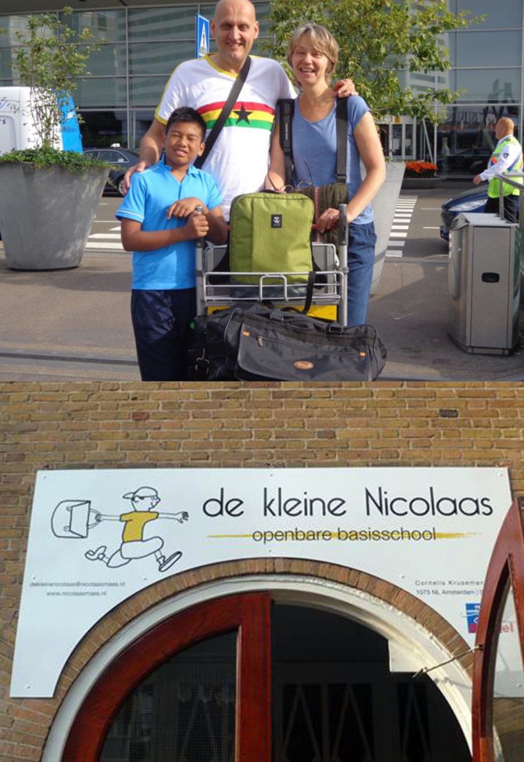 De familie Kamsma - Bras op een foto vlak voor vertrek op Schiphol (boven), en het logo van OBS De Kleine Nicolaas, dat Guo Kamsma ontwierp. De foto's zijn door de familie toegezonden aan e Volkskrant. Beeld Familie Kamsma - Bras