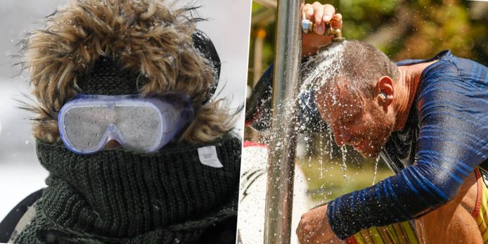 Een duikbril om zich te beschermen tegen de striemende ijskoude wind. Dat hebben ze in Australië de dag van vandaag alleen maar nodig om verkoeling te zoeken, in temperaturen van meer dan 40 graden.