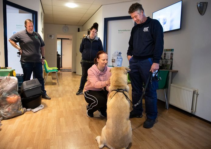 Danny Peters en Sasha Diender adopteren hond Viktor in het Helmondse dierenasiel. Bedrijfsleider Twan Spierings (links) kijkt toe.